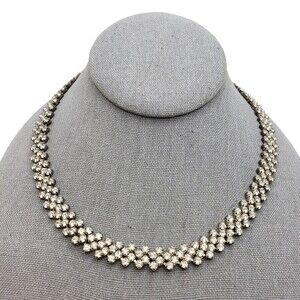 Vintage Multi Row Collar Rhinestone Necklace Silver Tone Hidden Box Clasp